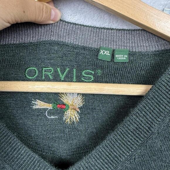 Orvis Mens 100% Merino Wool Sweater Green V-Neck Pullover Long Sleeve Size XXL - Picture 2 of 8